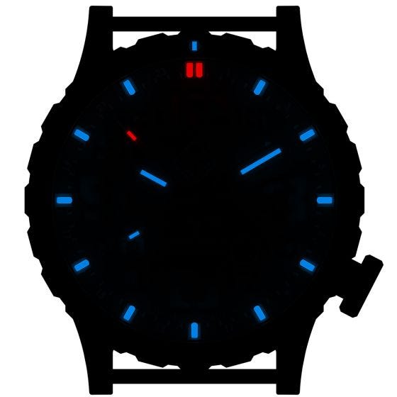 Hazard 4 Montre de plongée Heavy Water Diver Blackout avec aiguille GMT noire en titanium/tritium bleu/rouge