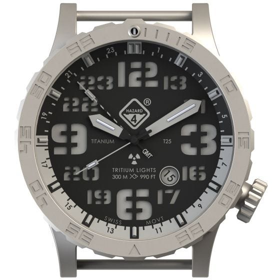 Hazard 4 Montre de plongée Heavy Water Diver Blacktie avec aiguille GMT blanche en titanium/tritium bleu/rouge