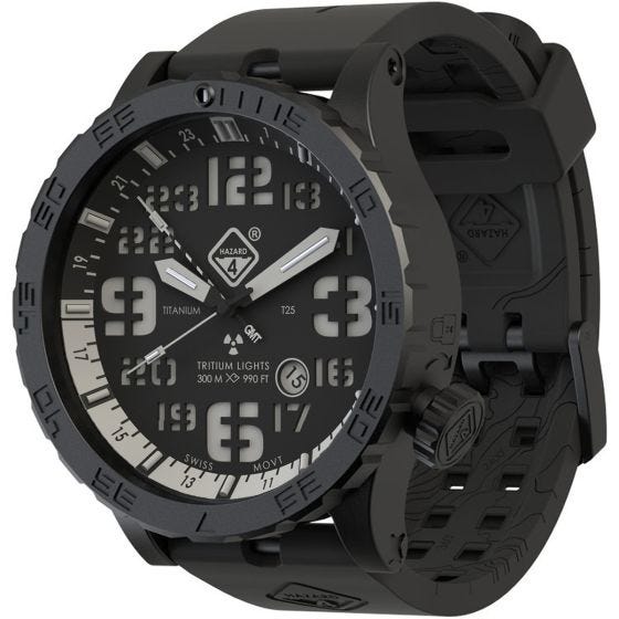 Hazard 4 Montre de plongée Heavy Water Diver Nightwatch avec aiguille GMT blanche en titanium/tritium bleu/rouge