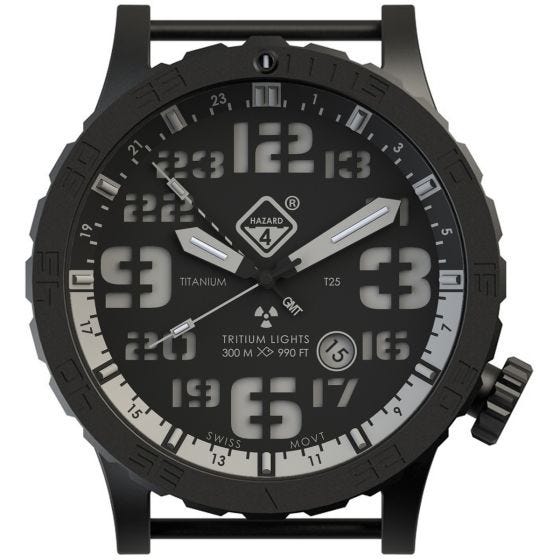 Hazard 4 Montre de plongée Heavy Water Diver Nightwatch avec aiguille GMT blanche en titanium/tritium bleu/rouge
