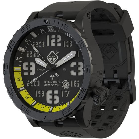 Hazard 4 Montre de plongée Heavy Water Diver Nightwatch avec aiguille GMT jaune en titanium/tritium vert/jaune