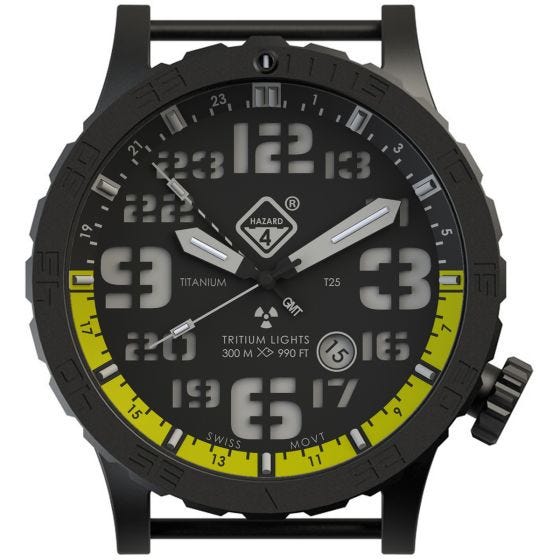 Hazard 4 Montre de plongée Heavy Water Diver Nightwatch avec aiguille GMT jaune en titanium/tritium vert/jaune