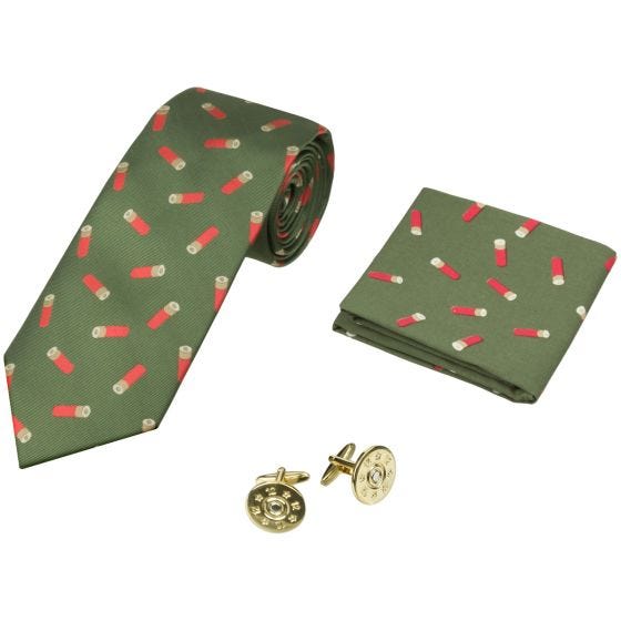Jack Pyke Lot cravate, mouchoir et boutons de manchettes à motifs cartouches vert