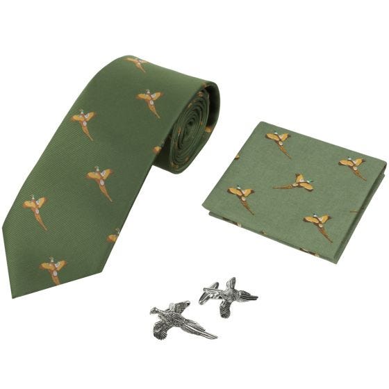 Jack Pyke Lot cravate, mouchoir et boutons de manchettes à motifs faisans vert