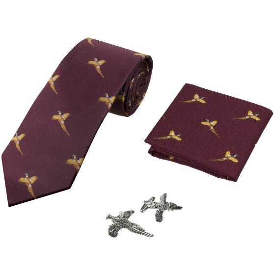 Jack Pyke Lot cravate, mouchoir et boutons de manchettes à motifs faisans Wine